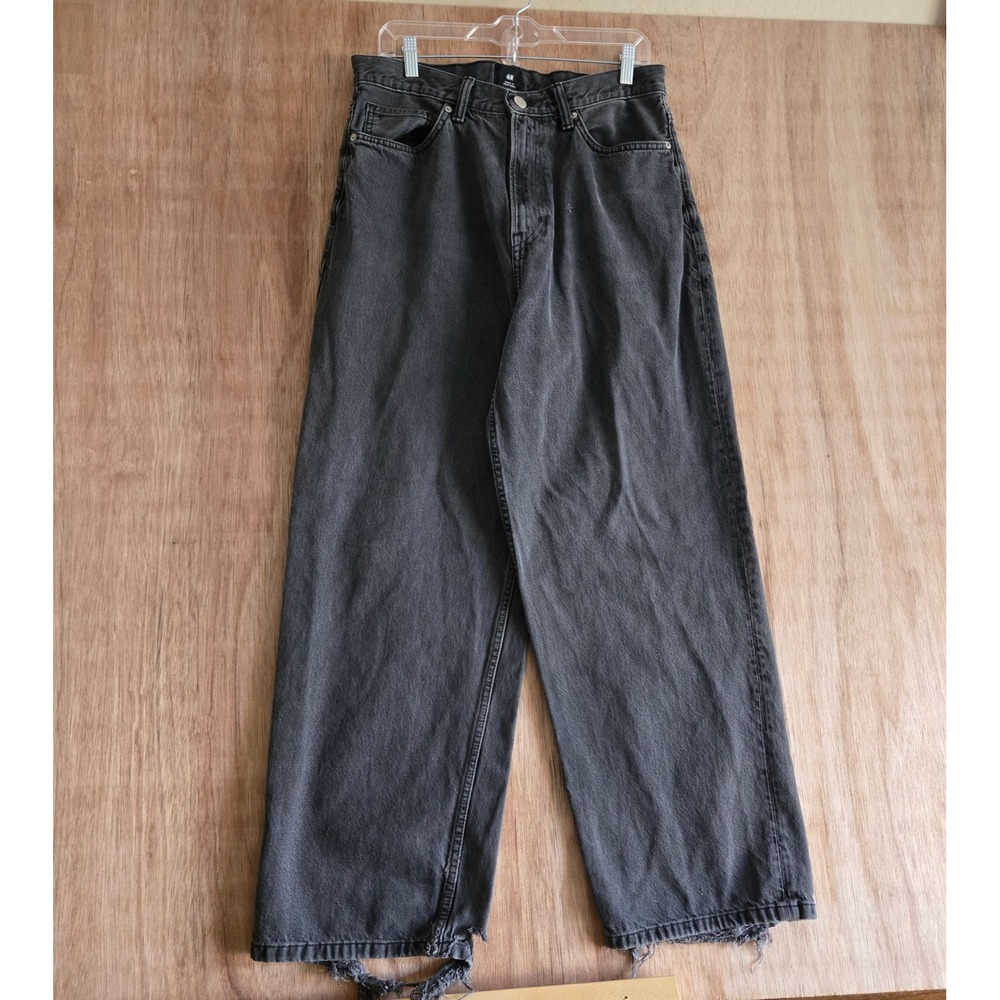 Barrel Leg Baggy Fit Jeans Washed Black Denim Mens 32x32 Distressed Wide Leg